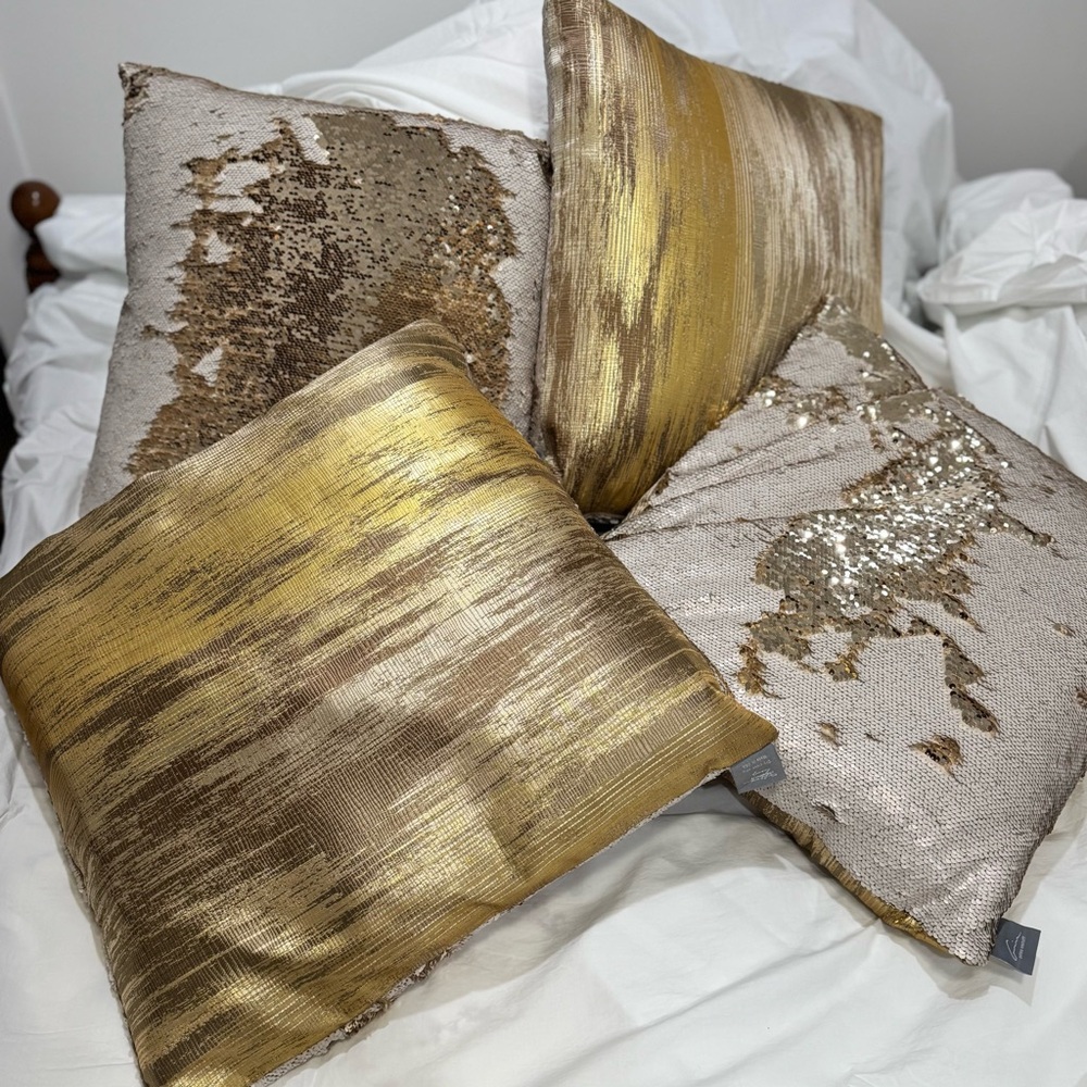 NEW Aviva Stanoff Gold Reversible Sequin & Silk Down Filled Luxury Throw Pillows